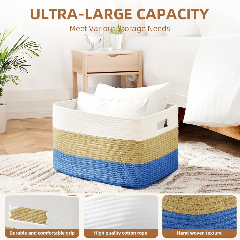 Skiennix Cotton Rope Basket - Large Woven Storage Solution for Blankets, Toys & Laundry | 72L, White & Dark Blue