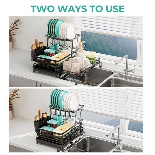 HANLE 2 Tier Dish Drying Rack - Large Extendable Dish Rack, 2-in-1 Anti-Rust Stainless Steel Dishrack for Kitchen Counter and Sink, Dish Strainer with Utensil Holder & Cup Holder(Black)