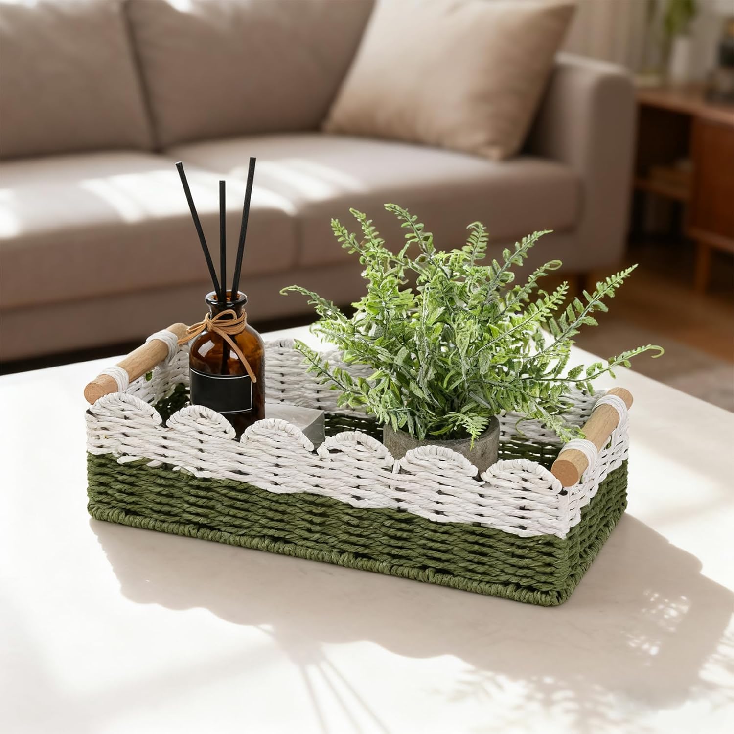 Regine Switzerland Scalloped Edge Toilet Paper Storage Basket - Handwoven Paper Rope for Stylish Bathroom Decor | Includes 2 Wooden Handles