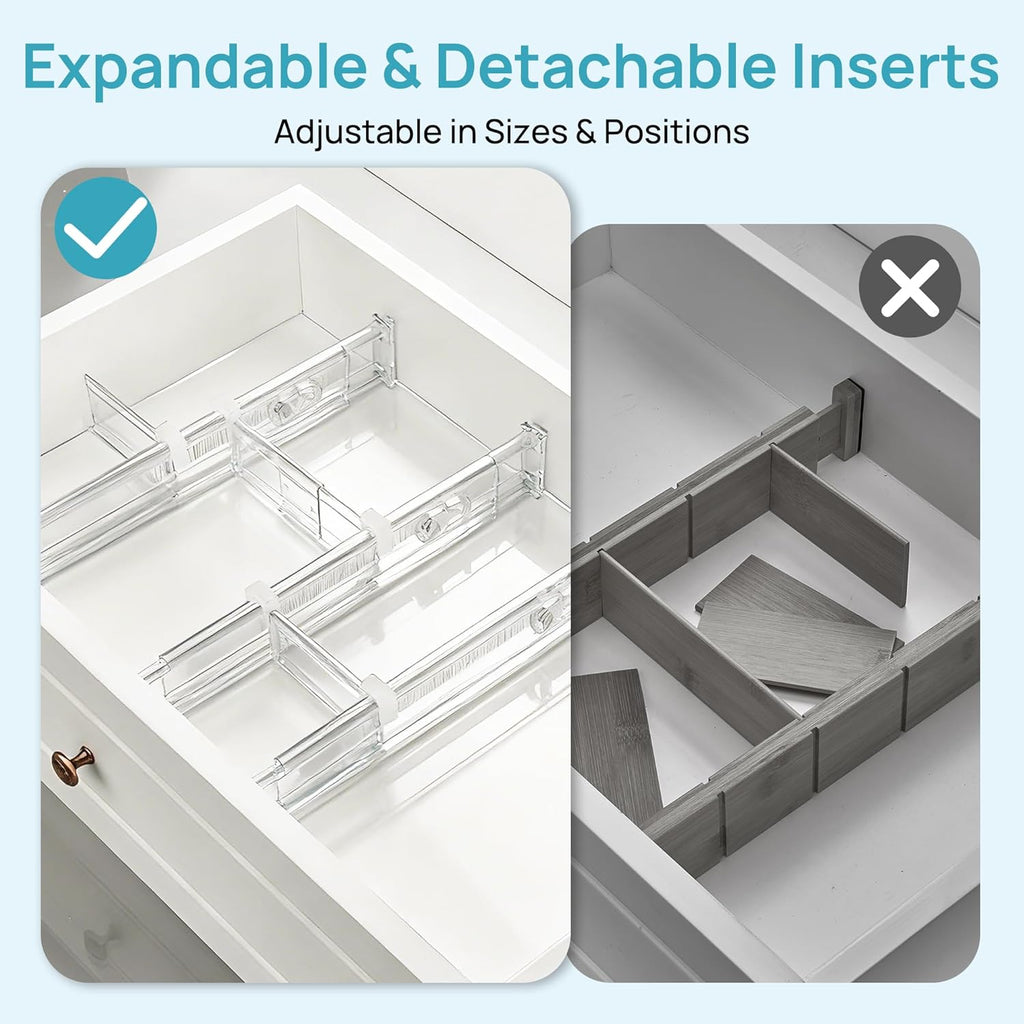 Vtopmart Drawer Dividers - Expandable Kitchen Organizer with 8 Dividers & 14 Inserts | Adjustable 12.8"-22.3" Clear Plastic Separator for Flatware & Utensils