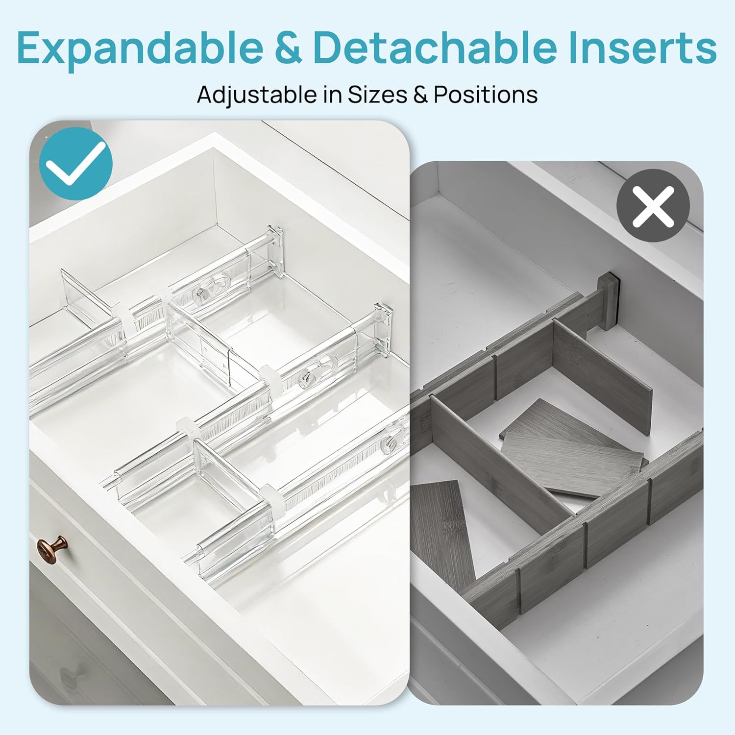 Vtopmart Drawer Dividers - Expandable Kitchen Organizer with 8 Dividers & 14 Inserts | Adjustable 12.8"-22.3" Clear Plastic Separator for Flatware & Utensils