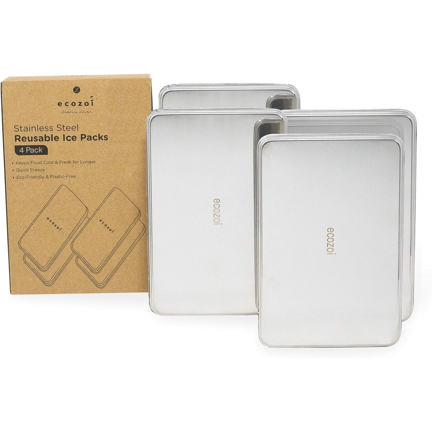 ecozoi Stainless Steel Ice Packs Set of 4 Slim, Reusable Ice Packs for Lunch Boxes Small, Bento Bags & Coolers Plastic-Free, Durable & Eco-Friendly Ice Packs for Kids and Adults
