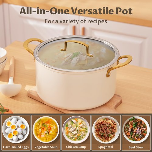 BEZIA 6 Quart Stock Pot with Lid, Ceramic Nonstick Cooking Pot, Soup Pot with Stainless Steel Handle, Tempered Glass Lid, Induction Compatible for Pasta, Soup, Spaghetti, Dishwasher Safe, Cream