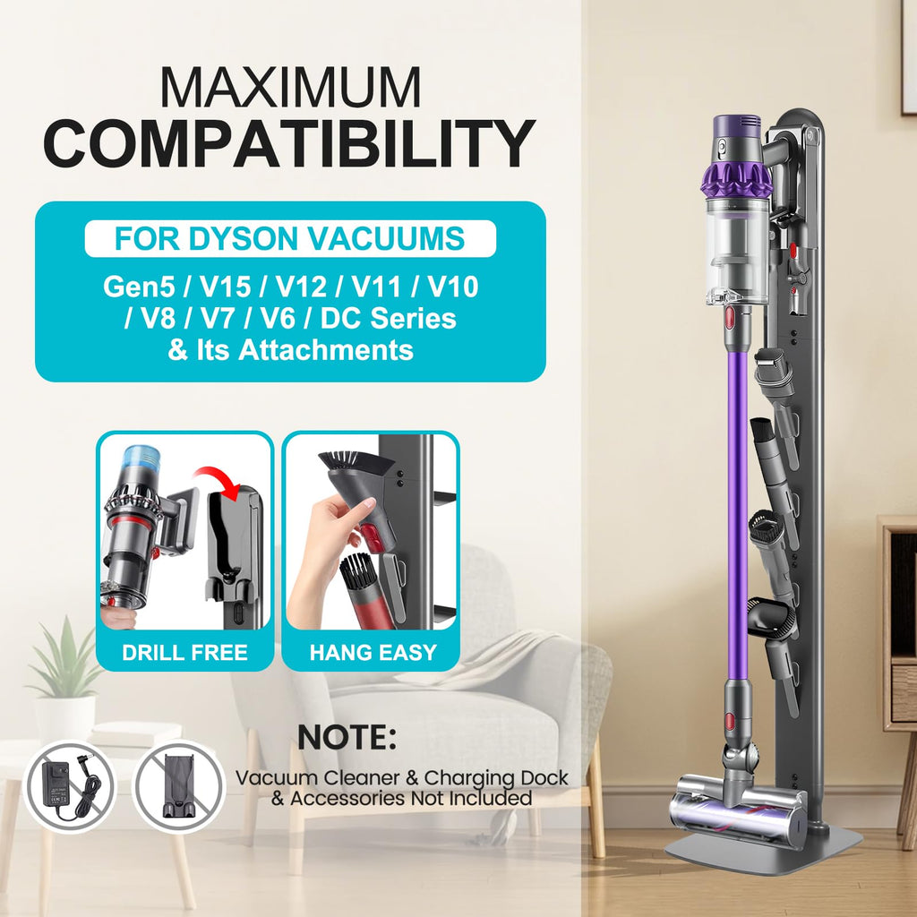 SIOMK Vacuum Stand for Dyson Gen5 V15 V12 V11 V10 V8 V7 V6, No-Drill Standing Dock with Conceal Cables & Space-Saving Design, Stable Metal Organizer for Cordless Cleaner & Attachments, Easy Assembly
