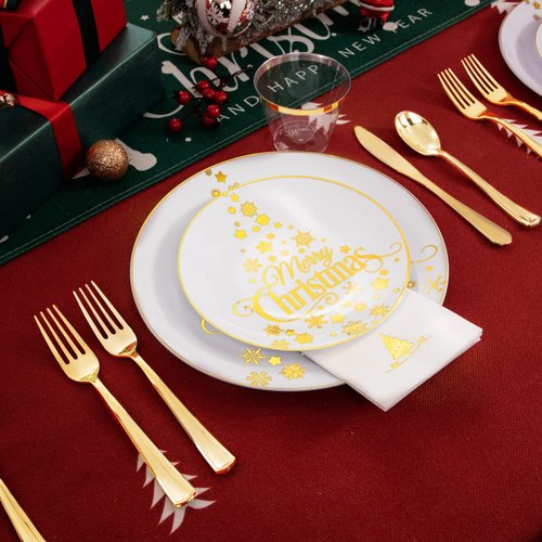 Hioasis 175pcs HChristmas Plastic Plates - Elegant Disposable Dinnerware Set Suitable for 25 Guests Include 10.25" Dinner & 7.5" Dessert Plates, Knives,Forks,Spoons, Cups,Napkins for Christmas