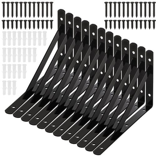 Hiceeden 12 Pack Heavy Duty Shelf Brackets, 8 in x 5 in Wall Mount Steel L Shelf Bracket, Angle Brackets for Floating Shelves, Black Metal Powder-Coated