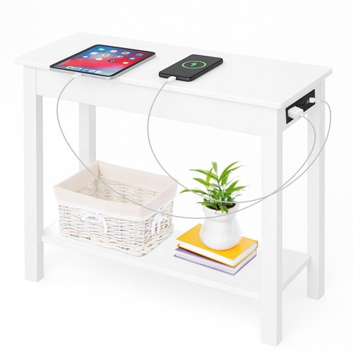 Narrow Side Table with Charging Station - Small End Table with 2 USB Ports, 2 Power Outlets, and Storage Shelf - Slim Nightstand for Living Room, Bedroom, or Small Spaces by Lavish Home (White)
