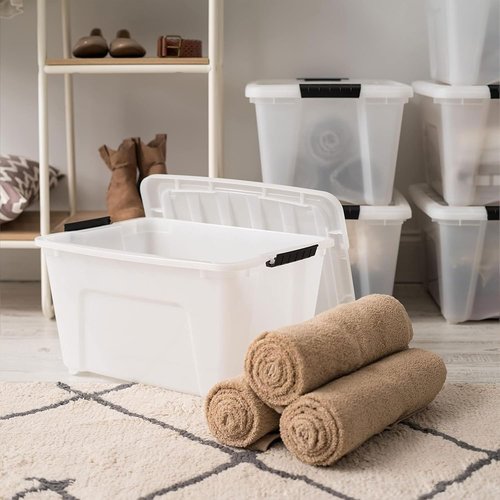 IRIS USA 32 Quart Stackable Storage Bins - 8 Pack Plastic Containers with Latching Lids | Pearl Color
