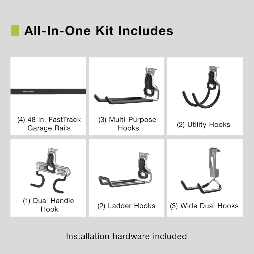 Rubbermaid 15-Piece FastTrack Garage Storage Kit - Wall-Mounted with 4 Rails & 11 Hooks for Tools & Equipment