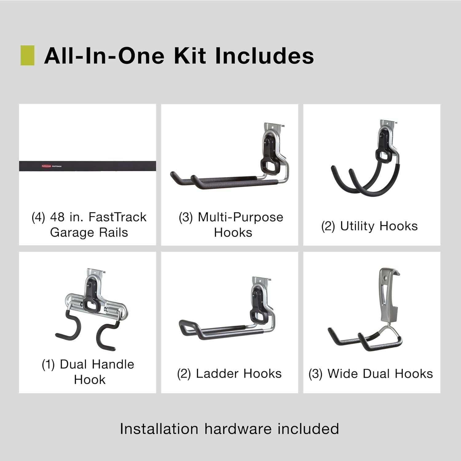 Rubbermaid 15-Piece FastTrack Garage Storage Kit - Wall-Mounted with 4 Rails & 11 Hooks for Tools & Equipment