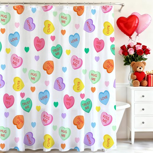 Mocsicka Valentines Shower Curtain Colorful Candy Heart Bathroom Shower Curtain Valentine Love Heart Waterproof Fabric Shower Curtains Bathtub Decor with 12 Hooks 72 X 72 Inches