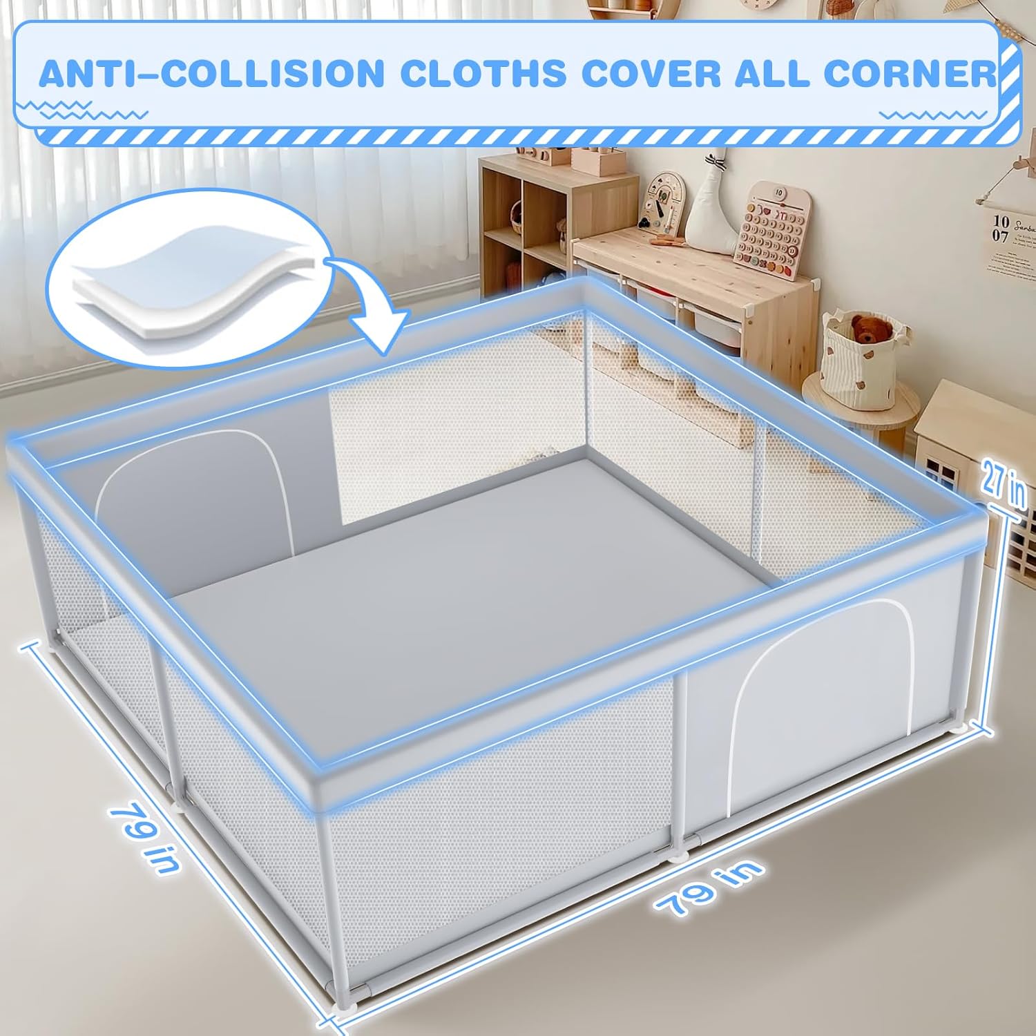 XVISHX Baby Playpen - 79 x 79 Inch Indoor & Outdoor Playard with Soft Breathable Mesh - Grey