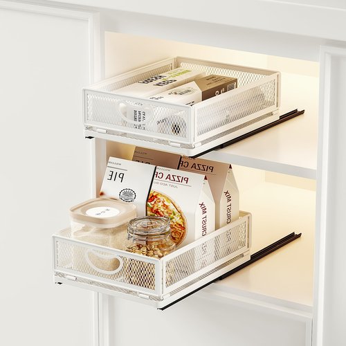 AmzAge 2 Pack Pull Out Cabinet Organizer, No Drill Adhesive Sliding Drawers for Kitchen, Metal Mesh Wire Storage Shelf for Pantry & Under Sink, White (9.6" W x 11.8" D x 3.9" H)