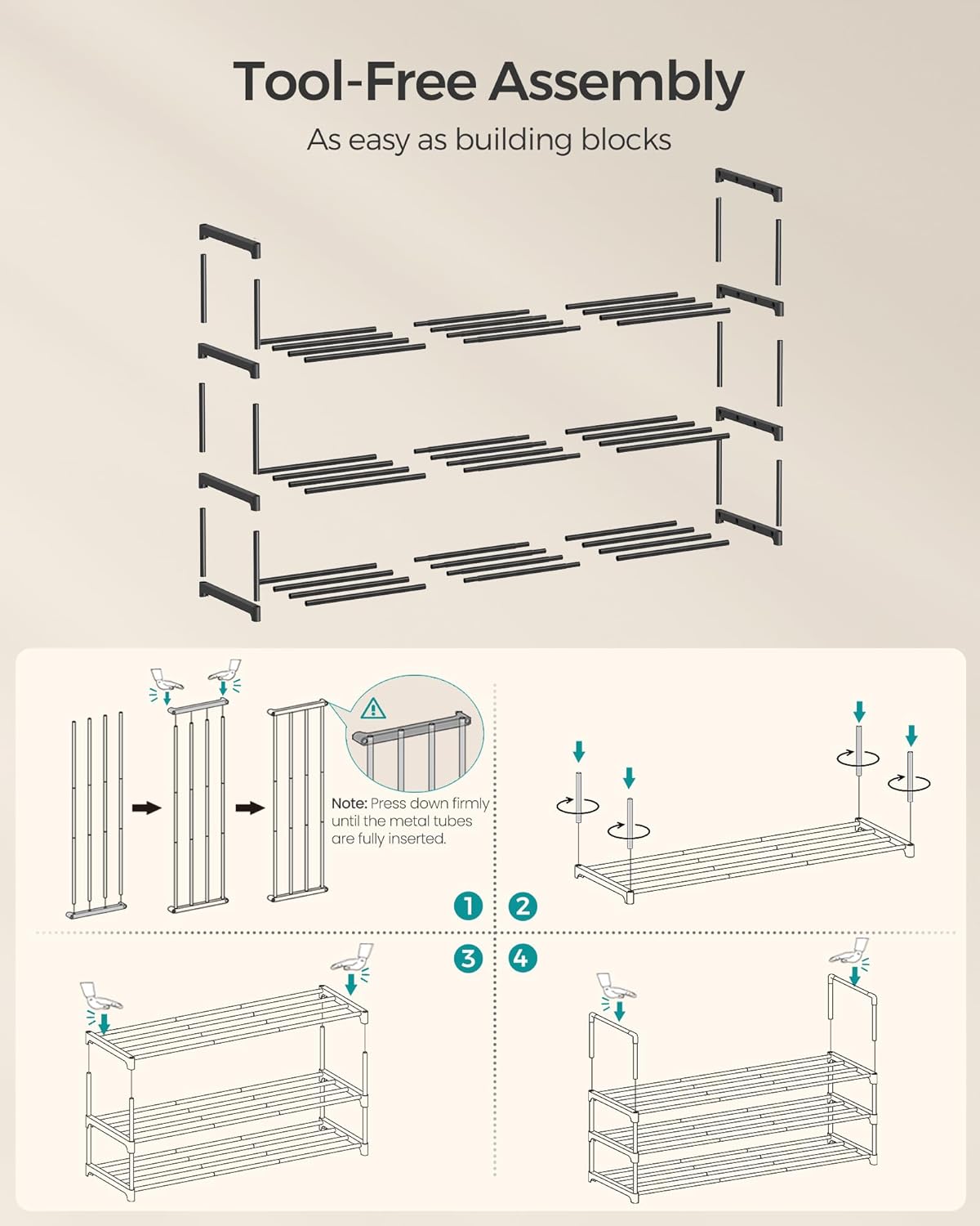 SONGMICS 3-Tier Shoe Rack - Stackable Metal Organizer for 20-24 Pairs - Black, 11.8 x 46.1 x 21.7 Inches