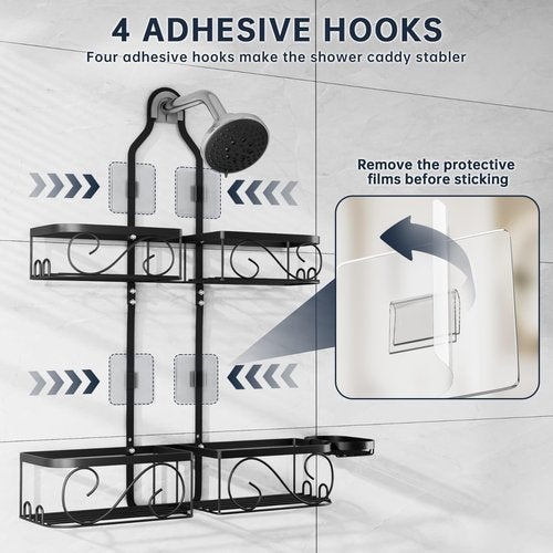 Kadolina Shower Caddy Hanging for Handheld Showerheads, Rustproof Stainless Steel Shower Organizer, Large-Capacity Bathroom Organizer Rack with Soap Dish and Hooks for Razor/Sponge, Black