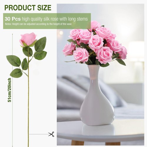 Thiccywoov 30 Pcs Rose Artificial Flowers in Bulk Real Touch Long Stem Silk Roses Bouquets Realistic Faux Flowers for Wedding Bridal Shower Home Decor Floral Arrangements Table Centerpiece(Pink)
