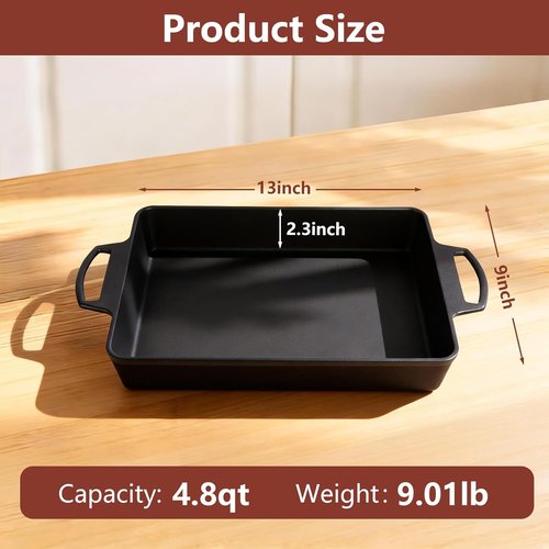 Keesha 9x13 Inch Cast Iron Pizza Pan - Pre-Seasoned Deep Baking Dish for Casserole & Lasagna