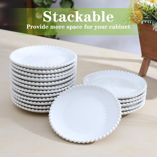 TAMAYKIM 5.5 Inch Porcelain Dessert Plates Set of 18, Small Ceramic Appetizer Plates, Round Mini Dinnerware Sets, Scratch Resistant, Microwave, Oven, and Dishwasher Safe, White with Pearl Dots