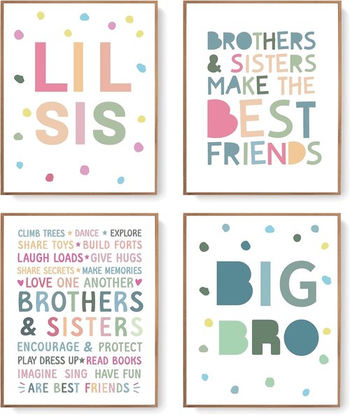 LARTSFRO Wall Art Decor - Brother and Sister Make The Best Friends | Inspirational Nursery Posters, 10x8 Inch Set of 4 (Unframed)