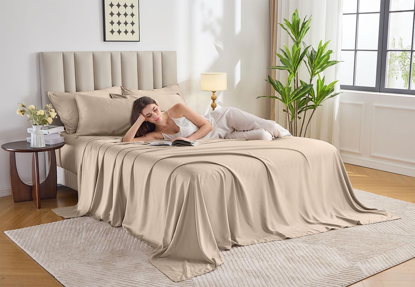 Pure Bamboo Split King Sheets - 100% Organic Viscose Bed Sheet Set, Soft & Cooling, Almond Color