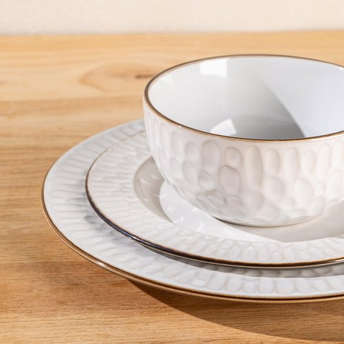 GBHOME Ceramic Dinnerware Sets,12 pcs Embossed Elegant Stoneware Plates and Bowls Sets, Housewarming Wedding Gift | Dishwasher & Microwave Safe | Dishes Set Service for 4
