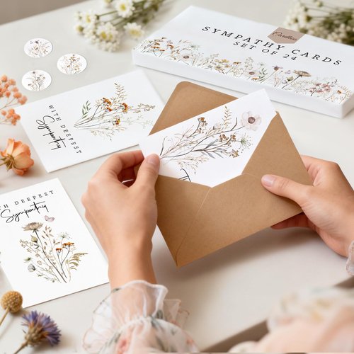 Cardkiss 24 Pcs Sympathy Cards with Envelopes, Bulk Condolence Cards with Thoughtful Messages with Envelopes and Stickers, 6 Unique Wildflowers Watercolor Designs