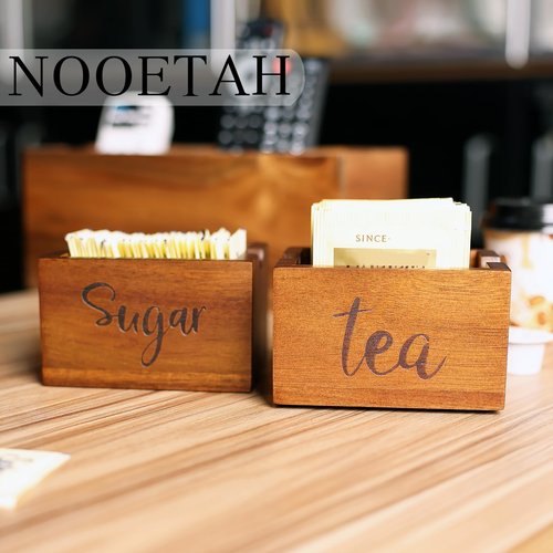 Acacia Sugar Packet Caddy for Coffee Bar, Farmhouse Wood Sugar Holder Packets , Sugar Packet Container, Small Tea Bag Organizer for Office Table,Hotel, Restaurant, Brown Labeled "Tea"