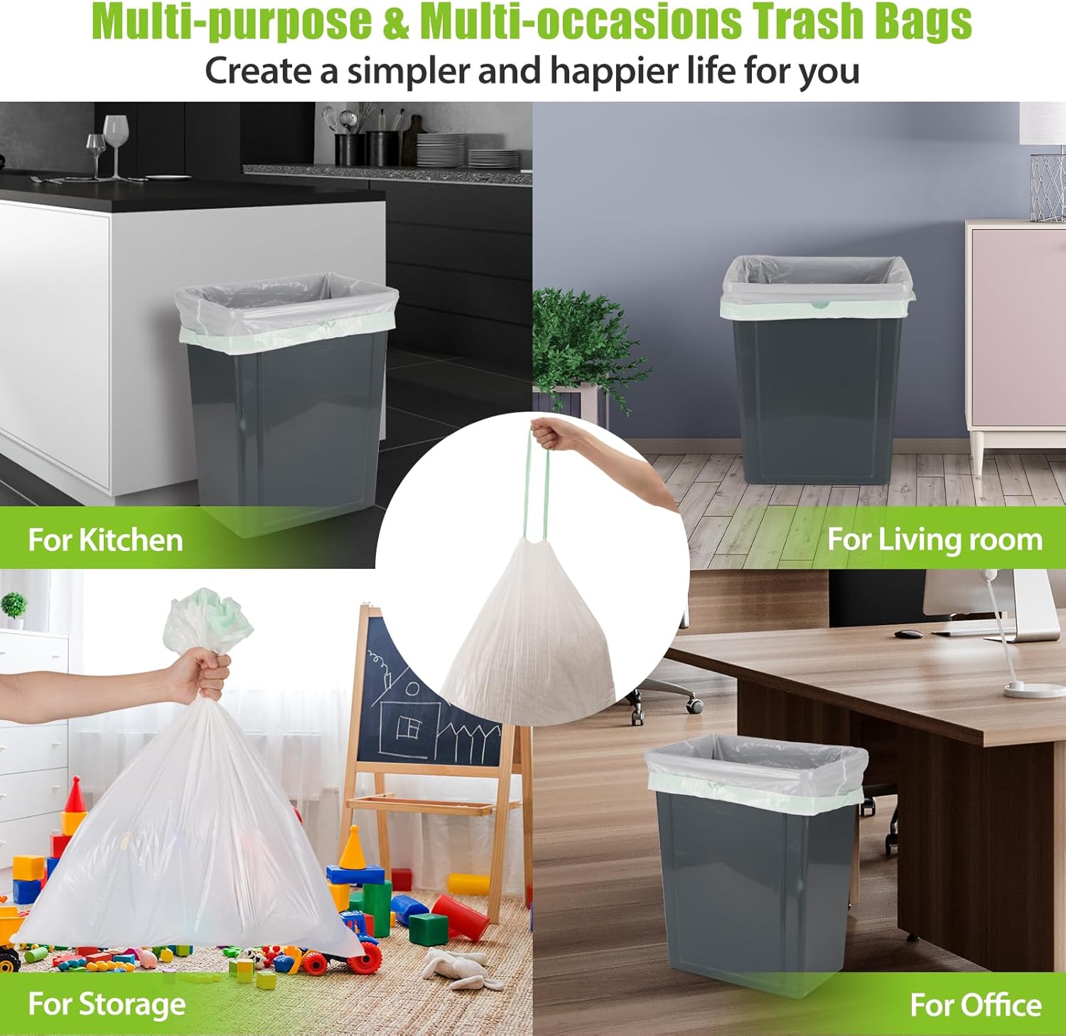 ValueGuard 13 Gallon Tall Drawstring Trash Bags - 100% Recycled Waste Bags for Kitchen & Office (300 Count)