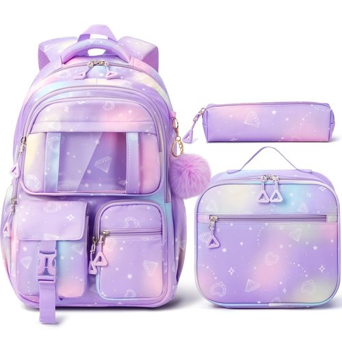 Fimibuke Kids Backpack for School Girls, 3Pcs Waterproof Girls Backpack with Lunch Box & Pencil Pouch - Lightweight Bookbag for Elementary Middle School Student Teens Ages 6+ Purple