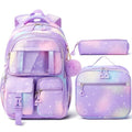 Fimibuke Kids Backpack for School Girls, 3Pcs Waterproof Girls Backpack with Lunch Box & Pencil Pouch - Lightweight Bookbag for Elementary Middle School Student Teens Ages 6+ Purple
