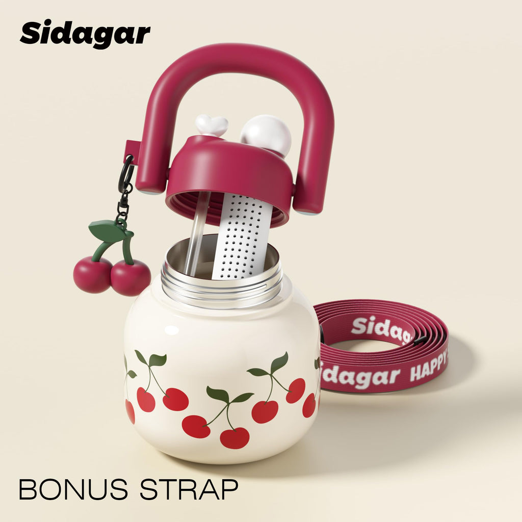 Sidagar 22 oz Tote Water Bottle with Straw and Carry Handle, Wide Mouth Vacuum Insulated Stainless Steel Tumbler, Travel Water Jug for Women Easy Carry, Cherry
