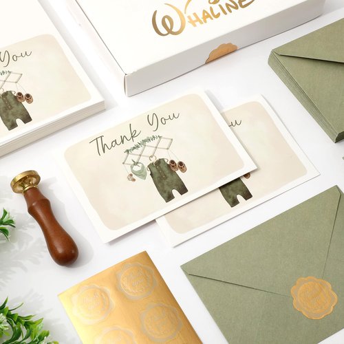 Whaline 50 Pack Baby Shower Thank You Cards Boxed Vintage Green Cloth Note Cards with Envelopes Stickers Greeting Blank Cards for Birthday Baby Shower