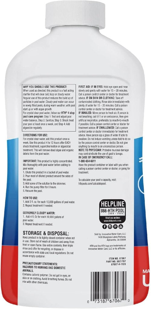 HTH 67067 Swimming Pool Clarifier - Achieve Crystal Clear Water in Just 24 Hours