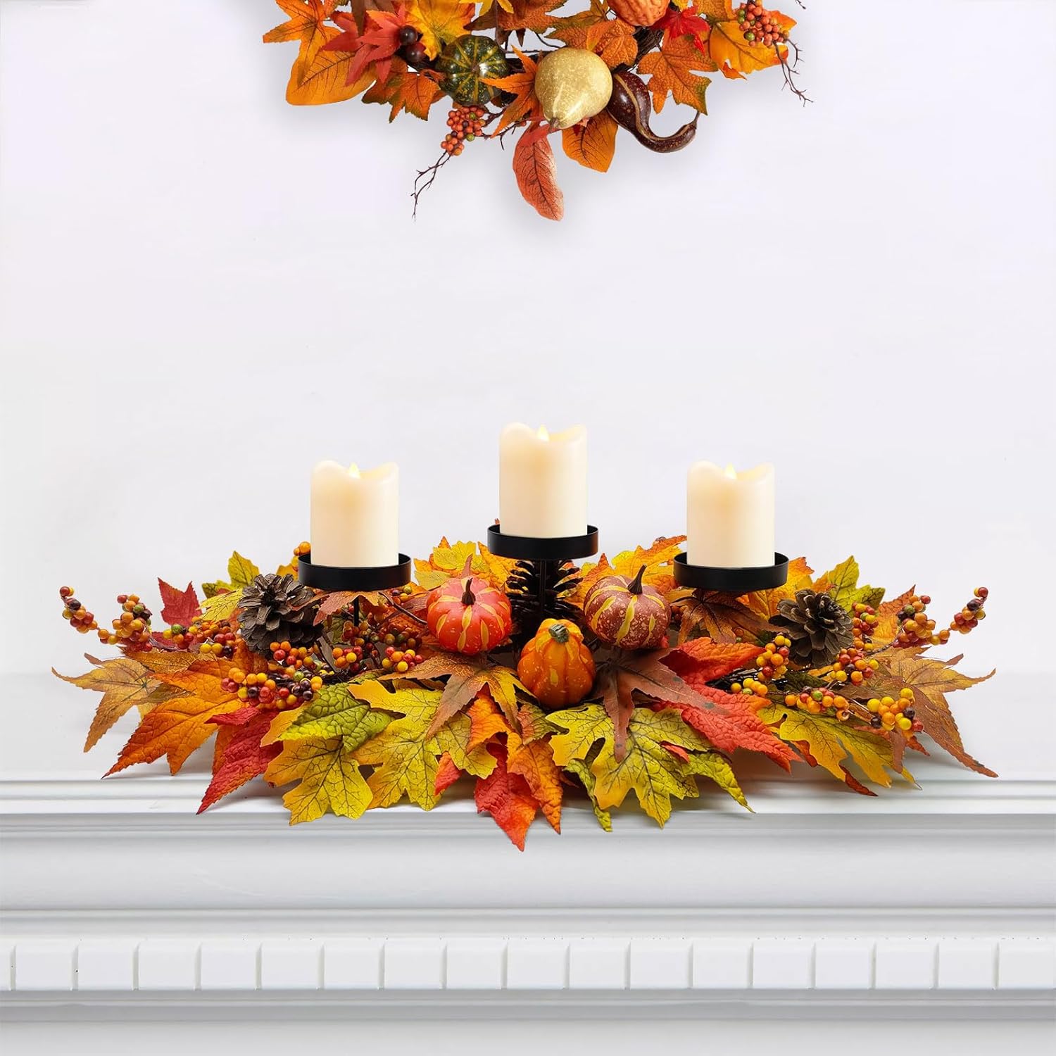 Regine Switzerland Thanksgiving Centerpiece - Artificial Gourd & Pumpkin Decor with Pine Cones & Maple Leaves | Perfect for Dining Table & Fireplace Mantel