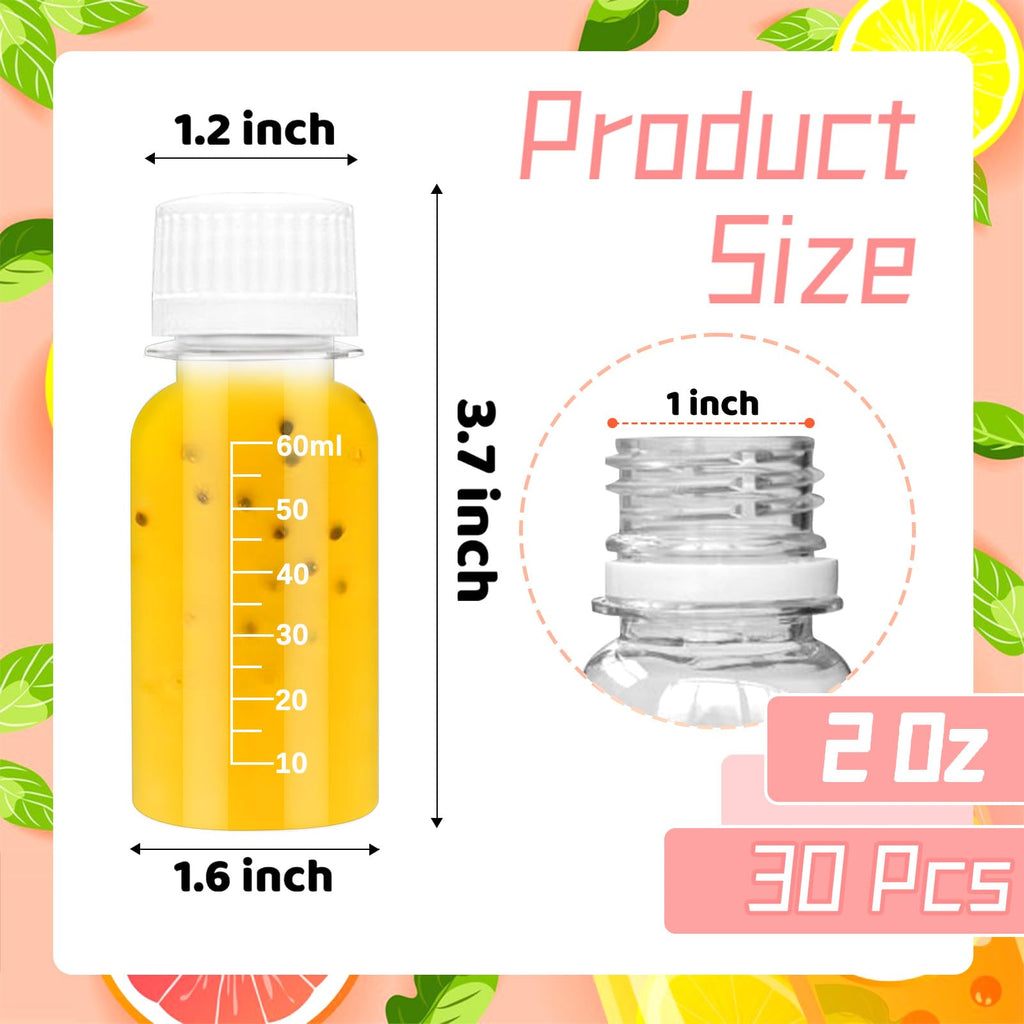 Szsrcywd 30Pcs 2oz Small Shot Bottles with Caps,Plastic Juice Bottle Reusable Ginger Beverage Containers Jars with Scale for Liquids,Beer,Coffee,Smoothies Portable Travel Bulk