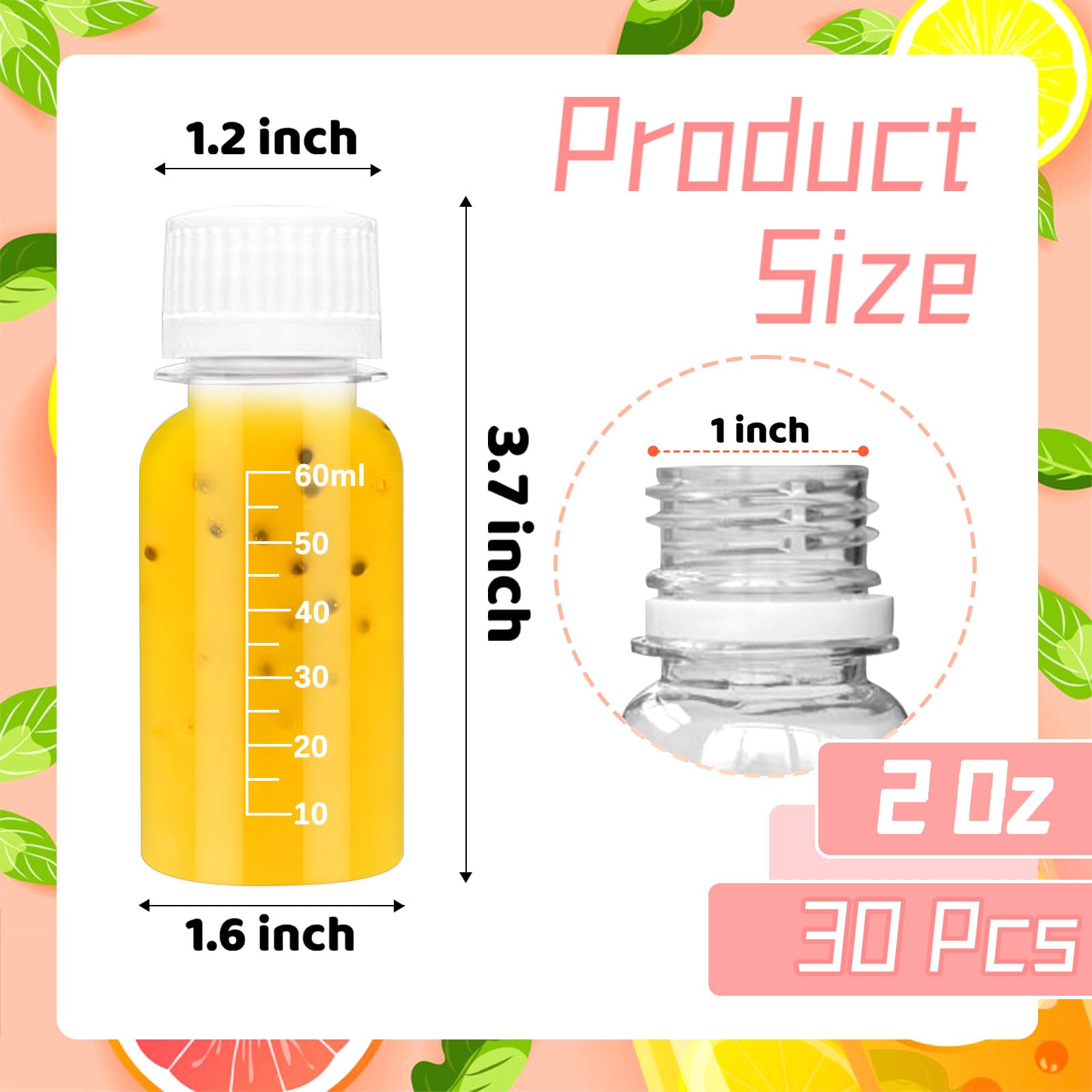 Szsrcywd 30Pcs 2oz Small Shot Bottles with Caps,Plastic Juice Bottle Reusable Ginger Beverage Containers Jars with Scale for Liquids,Beer,Coffee,Smoothies Portable Travel Bulk