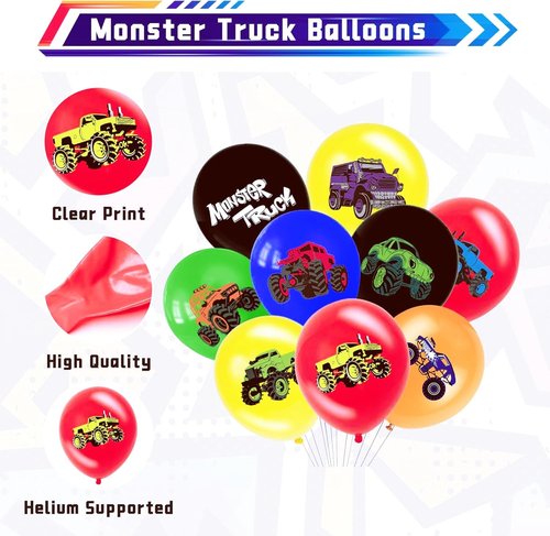 36 PCS Monster Truck Balloons Party Decorations, 12 Inch Colorful Monster Truck Theme Latex Balloon Bouquet for Kids Girls Boys Baby Shower for Birthday Party Supplies Decoration