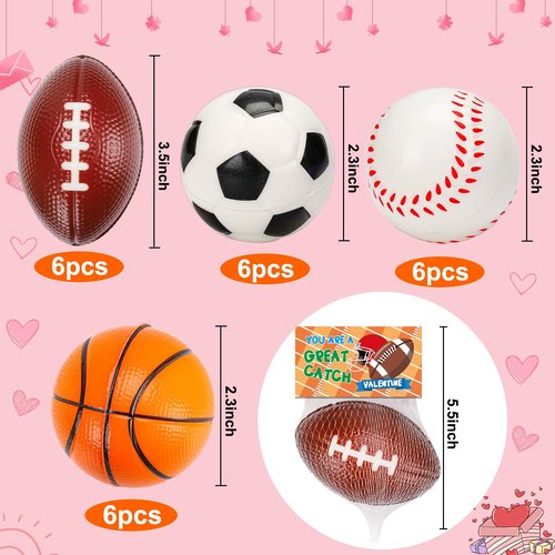24PCS Sports Stress Balls Valentines Day Cards for Kids School Classroom Boys Girl Toddler Valentine Day Exchange Gifts Card Basketball Football Soccer Valentine’s Party Favors Prize Treat Bag Stuffer