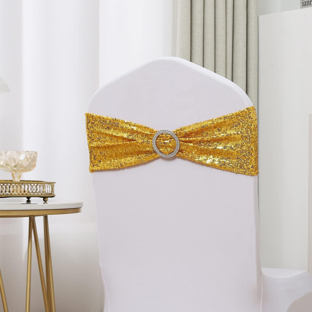 Skiennix Gold Spandex Sequins Chair Sashes - Pack of 50 Elegant Chair Bands with Buckles for Weddings & Parties
