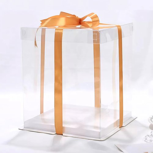 5-Pack 12-Inch Large Square Cake Box (12'x12'x11' inch) | Elegant Clear Display with Silk Ribbon Grand Gift Presentation for Tiered Cakes, Special Occasions, and Weddings