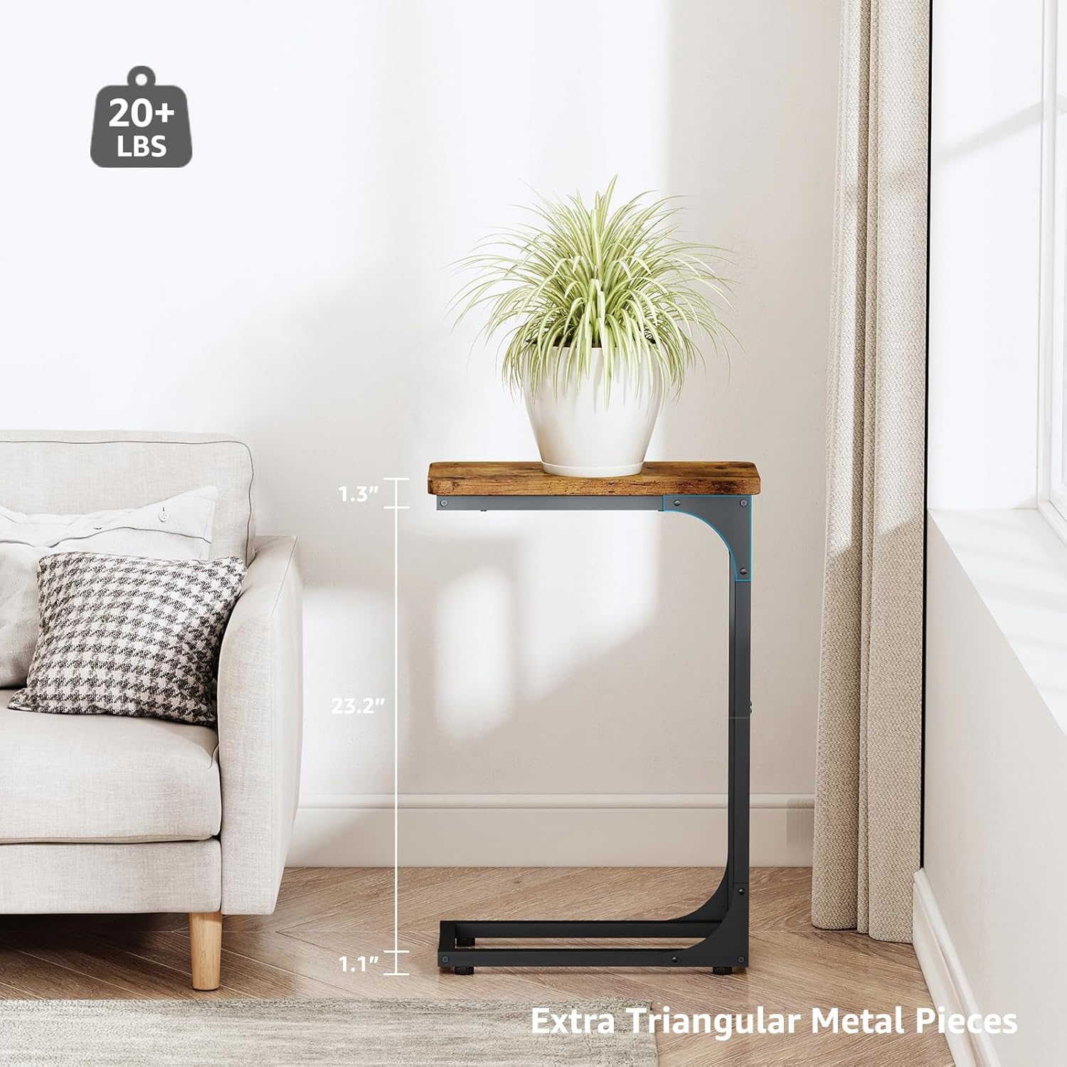 QEEIG Narrow C Shaped Side Table Set of 2 - Slim Couch Tray Tables in Rustic Brown | 7-Inch Width