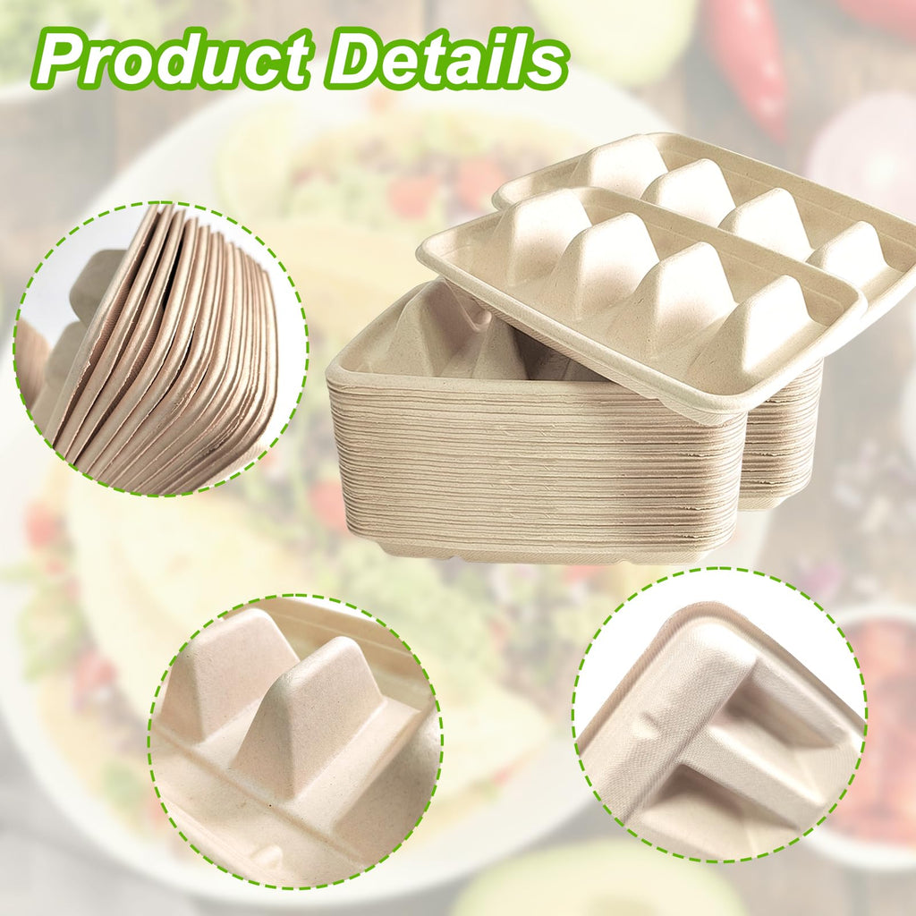 Sibosen 50PCS Disposable Taco Holder for Party，Disposable Taco Plates with 3 Dividers Disposable Taco Holders for Taco Tray Holder, Pulp Fiber Plates Disposable for Taco Tuesday Lazy Susan Taco Bar