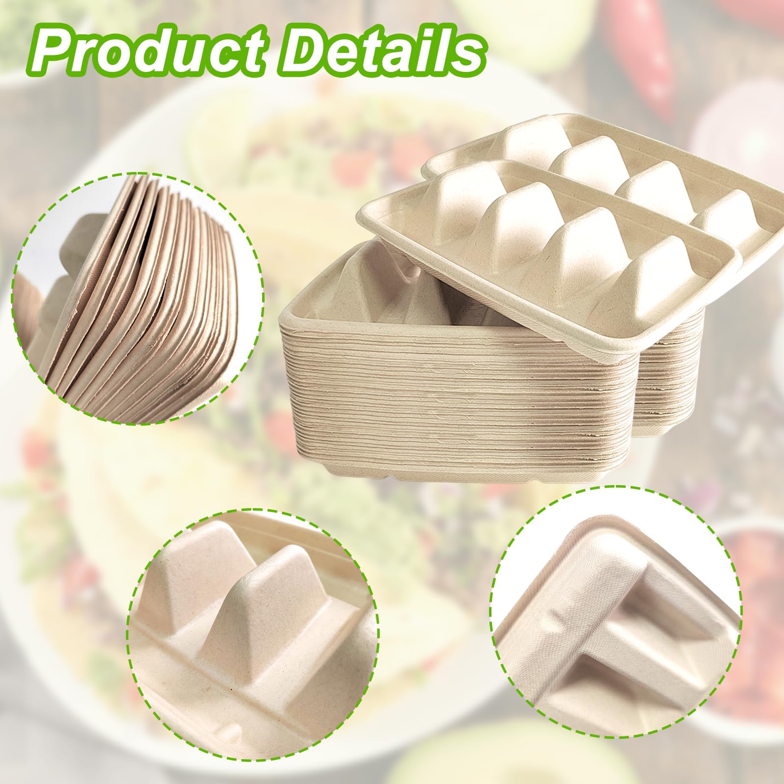 Sibosen 50PCS Disposable Taco Holder for Party，Disposable Taco Plates with 3 Dividers Disposable Taco Holders for Taco Tray Holder, Pulp Fiber Plates Disposable for Taco Tuesday Lazy Susan Taco Bar