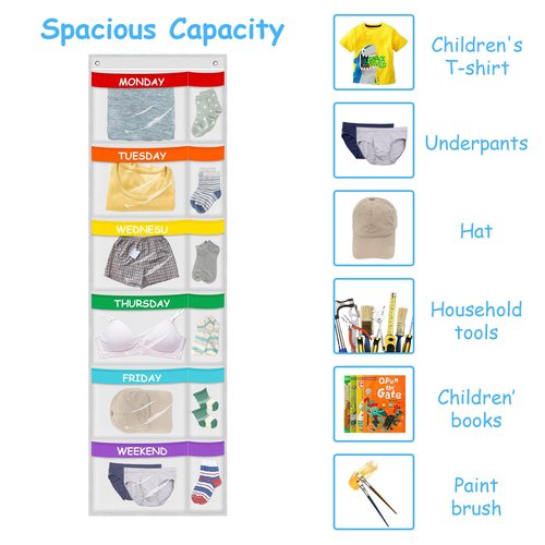 ABCKEY Rainbow Weekly Kids Clothes Organizer for Daily Activity,Portable Kids Clothes Storage White (White)