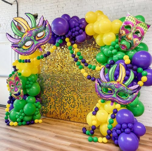 PageebO Mardi Gras Mask Foil Balloons, 4pcs Mardi Mask foil Balloons for Front Door Carnival Birthday New Orleans Masquerade Fat Tuesday Theme party Decorations