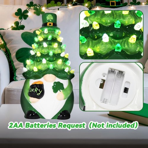 KnomeKo St Patricks Day Decorations, St Patricks Day Gnomes Ceramic Tree Lighted Gnome Leprechaun Decorations, Irish Shamrock Table Decor Gifts