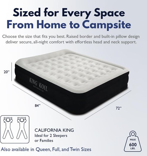 King Koil Luxury Air Mattress - California King Size with Built-in High-Speed Pump | Waterproof & Adjustable, 20" Double High, Ideal for Home & Camping