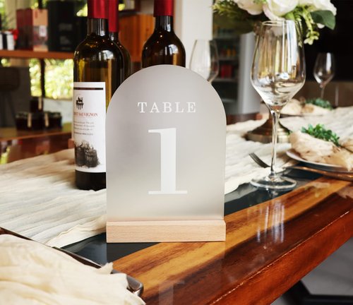 ORGANTEAM Wedding Table Numbers 1-30, Acrylic Arch Signs with Natural Wood Stands Holders, Rustic Table Decor for Reception & Parties (Frosted White)