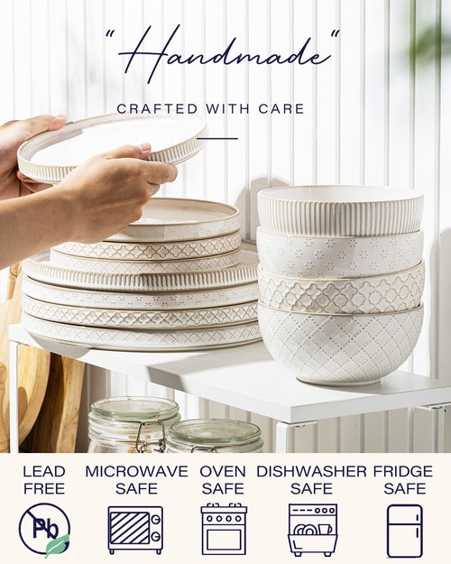 getstar 8” Ceramic Dinner Plates, Set of 4, Microwave & Dishwasher Safe, Salad Pasta Deep Plates with Embossments Set of 4