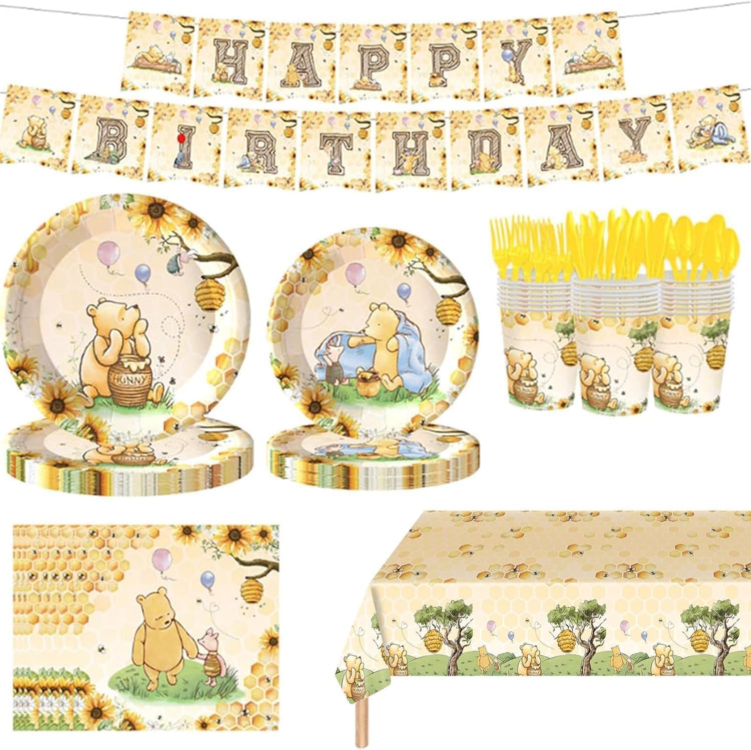 WISSLERMER 142pcs Classic Bear Baby Shower Decorations Baby Shower Party Tableware with Plates, Napkin, Forks, Cups Banner And Tablecloth for Birthday Party Supplies Set Serves 20 Guests (Yellow)